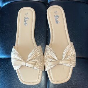 SHEIN Women's Cream Bow Slide Sandals